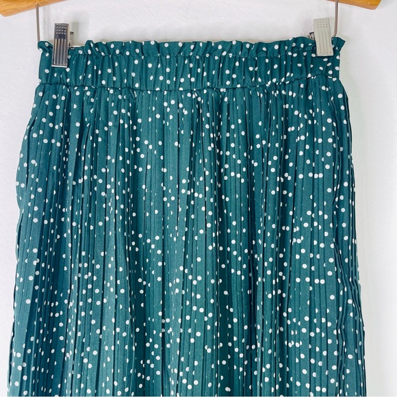 Green white polka dot pleat midi to maxi preppy cottagecore skirt small - Picture 2 of 6